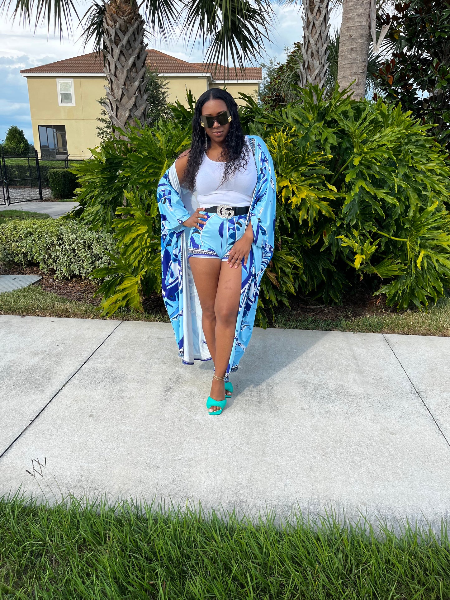 Blue Obsession Two Piece  Print Full Length Kaftan And Short Set