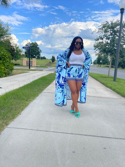 Blue Obsession Two Piece  Print Full Length Kaftan And Short Set