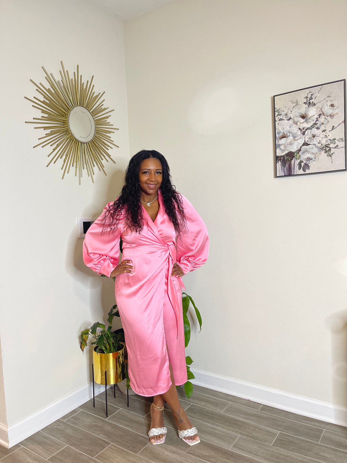 Kaylin Pink Satin Wrap Dress