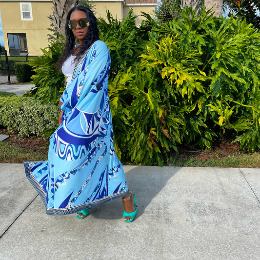 Blue Obsession Two Piece  Print Full Length Kaftan And Short Set
