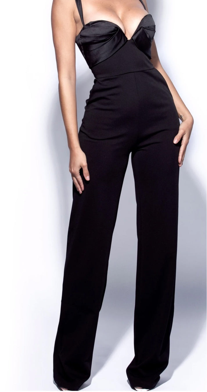 Alicia Black Satin and Crepe Jumpsuit