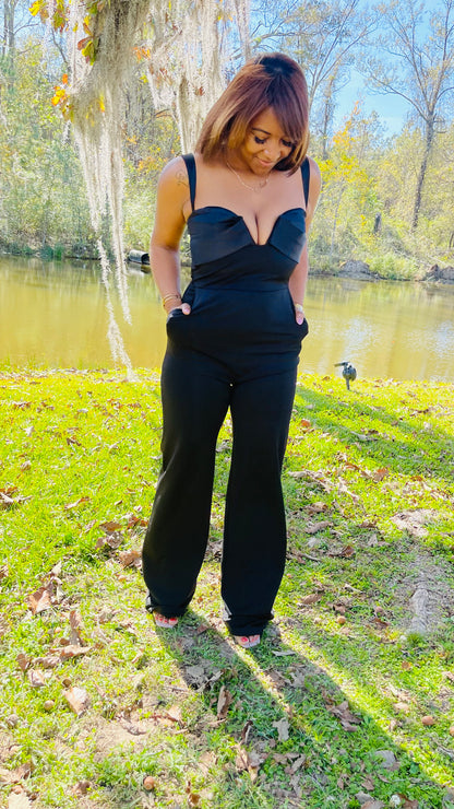 Alicia Black Satin and Crepe Jumpsuit